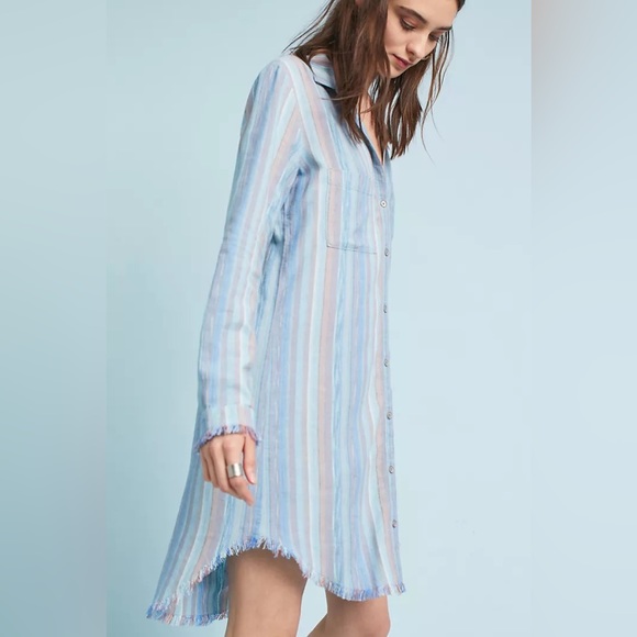 Anthropologie Cloth & Stone Raw-Hem Shirtdress in Blue Stripe - Picture 2 of 14